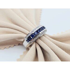 Unique 18K White Gold Princess Cut Sapphire & Round Cut Diamond Ring - Size 6.25